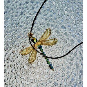 Homemade Cord Green Beaded Body Black Head Dragonfly Necklace Gift Mom Sister